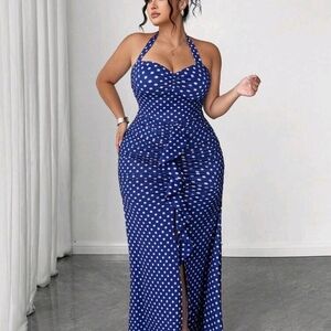 Plus Size Elegant Blue Polka Dot Halter Dress Sleeveless